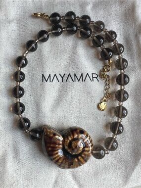 Mayamar Smoky Bead Necklace with Ammonite Fossil Pendant NWOT